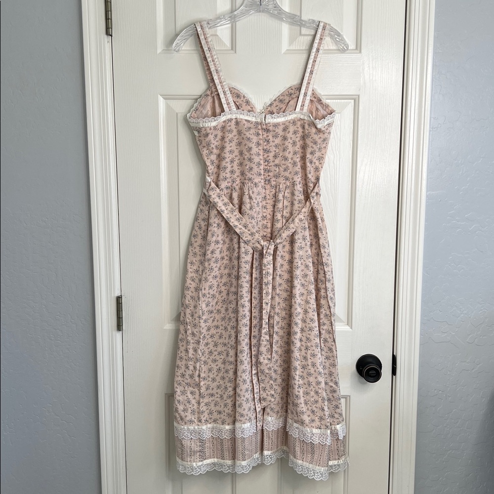 Vintage Gunne Sax lace up sweetheart pink ditzy floral midi dress ribbons & lace - Picture 2 of 10
